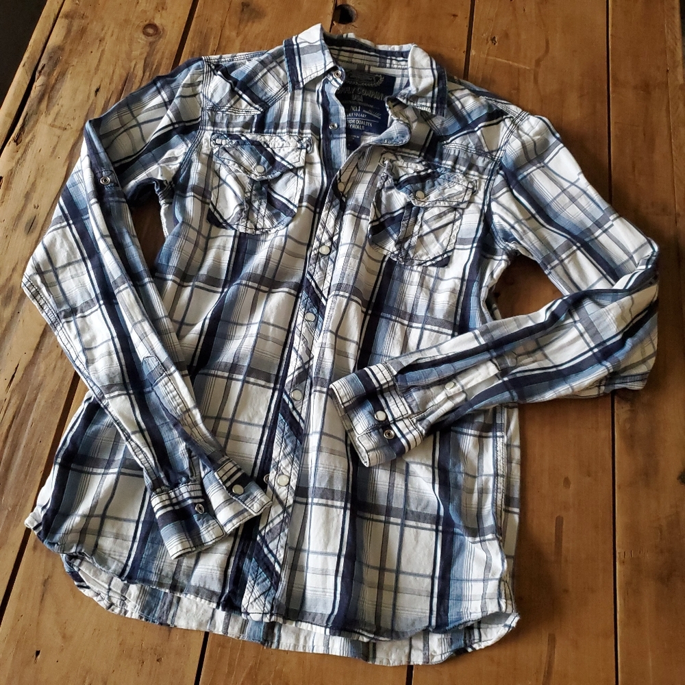 GPH Supply Company Blue and white Plaid Long Sleeve Western Shirt Small